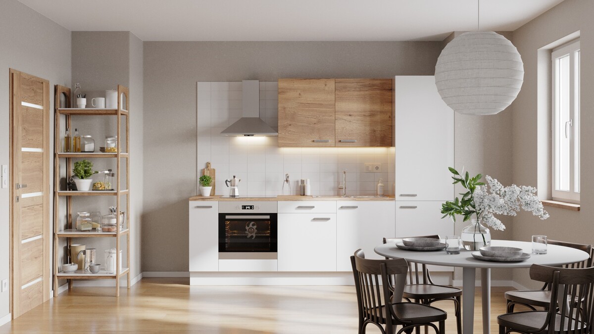 Kuchyňská linka Naturel 270 cm lesk bílá/dub se spotřebiči Electrolux EASYBLOK4EL Naturel